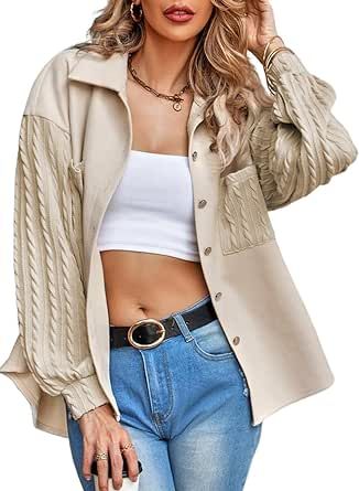 Astylish Womens Oversized Shacket Jacket Long Sleeve Knit Patchwork Button Down Outerwear with Pockets