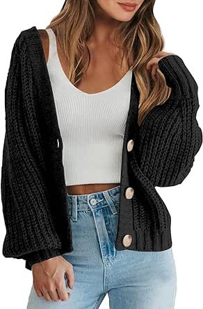 Caracilia Women's Chunky Cardigans Sweaters Open Front Long Sleeve Cute Knit Button Loose Short Cozy Outerwear 2023 Fall Coat