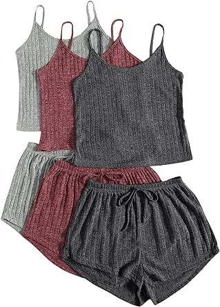 SheIn Women's 3 Sets Rib Knit Lounge Set Crop Cami Top and Tie Front Shorts Sleepwear Pajama Set
