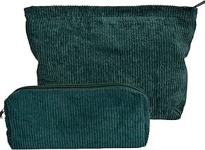 DSDFIDn 2 Pcs Womens and Corduroy Makeup Bag Roomy Cosmetic Bag and Makeup Brushes Storage Bag Pouch Purse Organizer with Zipper Dark Green