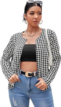 SheIn Women's Casual Plus Size Houndstooth Print Open Front Jacket Coat Shirt Long Sleeve Outerwear