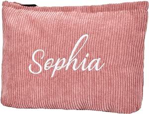 Flycalf Personalized Makeup Bag Travel Cosmetic Corduroy Pink Canvas Embroidery for Women Gift Toiletry Bag Organizer Portable Pouch Size