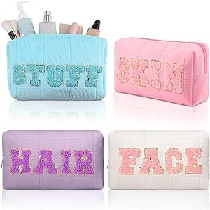 Paterr 4 Pcs Plush Preppy Chenille Letter Bag Cosmetic Makeup Bag Fuzzy Travel Toiletry Pouch Large Washing Bag with Zipper for Women Girls(Multi Colors, Plush)