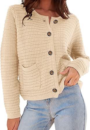 PRETTYGARDEN Womens 2023 Cardigan Sweaters Fall Open Front Button Down Long Sleeve Pockets Casual Chunky Knit Shirt Outerwear