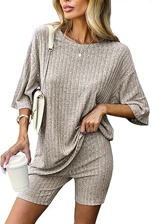 Ekouaer Pajamas 2 Piece Lounge Sets Ribbed Knit Matching Outfits T-shirt Biker Shorts Sleepwear Sweatsuits Regular&Plus
