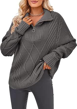 MIROL Women's 1/4 Zipper Pullover Sweater Long Sleeve Cable Knit Lapel Collar Oversized Sweatshirt Drop Shoulder Outerwear