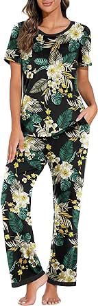 PrinStory 2023 Womens Pajama Set Short Sleeve Sleepwear Ladies Soft Pjs Lounge Set with Pockets
