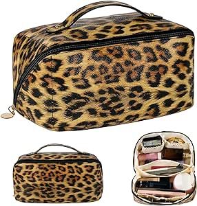 Travel Makeup Bag – PU Leather Travel Toiletry Bag – Chic Animal Print Cosmetic Bags for Women – Portable Cosmetic Travel Bag with 180-Degree Flat Opening – Toiletries Bag for Travel, Holiday