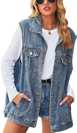 Bozanly Women's Oversized Denim Jacket Vest Distressed Button Down Jean Vest Outerwear with Pockets
