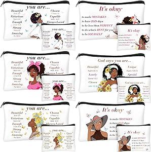 Silkfly 12 Pcs African American Makeup Bag Black Women Cosmetic Bags Inspirational Gift Bags for Girl Afro Queen Zipper Travel Pouch Purses Toiletry Organizer, 8.27 x 5.12 Inch, 4.33 x 3.54 Inch