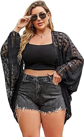 Verdusa Women's Plus Size Hollow Out Sheer Long Sleeve Loose Kimono Cover Up Cardigan