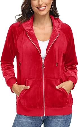 MAGCOMSEN Women's Velour Hooded Jacket Long Sleeve Full Zip Outerwear Soft Warm Velvet Jacket with Side Pockets