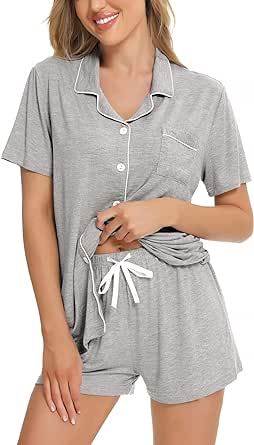 SWOMOG Womens Button Down Pajamas Set Short Sleeve Sleepwear Bride Soft Pj Lounge Sets S-XXL