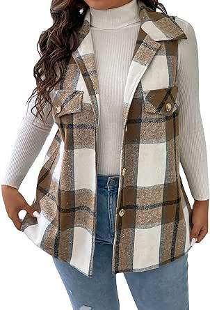 MakeMeChic Women's Plus Size Plaid Vest Coat Button Down Sleeveless Coat Jacket Outerwear
