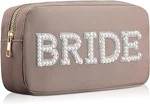 Hillban Nylon Bride Makeup Bag Cosmetic Travel Toiletry Bag Large Engagement Gift Bag Pearl Rhinestone Letter Patch Bride Pouch Bride Gifts for Bachelorette Party Women Wedding Bridal Shower (Brown)