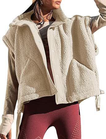 Ugerlov Women's Fleece Vest Casual Sleeveless Sherpa Jacket Oversized Button Down Vests Outerwear with Pockets