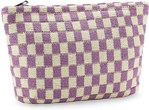 Checkered Makeup Bag for Women Travel Large Cosmetic Bag Set Cute Purple Makeup Pouch for Purse Zippered Toiletry Bag Organizer Cute Y2K Trendy Aesthetic Makeup Brushes Storage Bag Makeup Case
