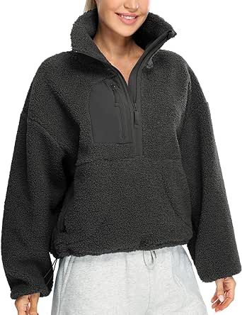 icyzone Women's Half Zip Sherpa Fleece Pullover Jacket, Oversized Fuzzy Warm Sweatshirt with Pockets