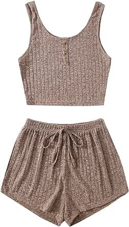 SOLY HUX Women's Button Front Ribbed Knit Tank Top and Shorts Pajama Set Sleepwear Lounge Sets