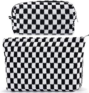 2Pcs Checkered Makeup Bag for Women Large and Small Capacity Black Cosmetic Bag Set Travel Makeup Pouch for Purse Zipper Toiletry Organizer Cute Y2K Aesthetic Trendy Girl Makeup Brushes Storage Bag
