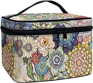 XXQGOMG Vintage Flower Makeup Bag for Women Cute Cosmetic Bags with Durable Handle Portable Toiletry Bag Multifunction Makeup Organizer Bag for Women