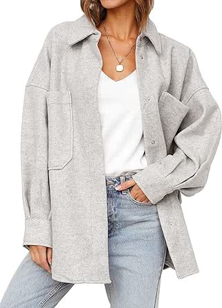 MEROKEETY Women's 2023 Fall Oversized Long Sleeve Shacket Jacket Button Down Wool Blend Coats with Pockets