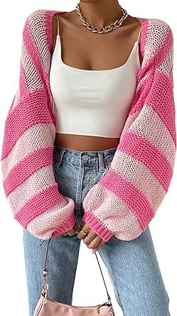 GORGLITTER Women's Color Block Striped Open Front Crop Cardigan Top Long Sleeve Shrug Sweater Outerwear