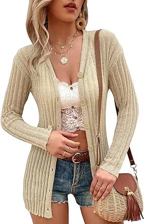 GORGLITTER Women's Button Down Ribbed Knit Cardigan Long Sleeve Solid Casual Outerwear