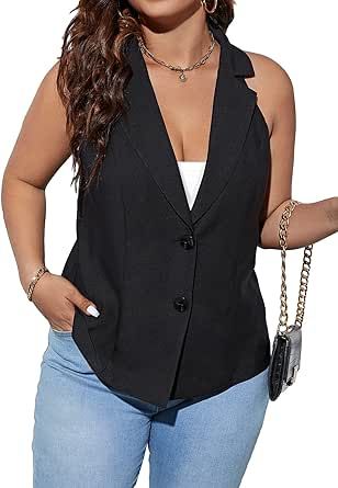 MakeMeChic Women's Plus Size Lapel Neck Button Front Vest Blazer Jacket Sleeveless Coat