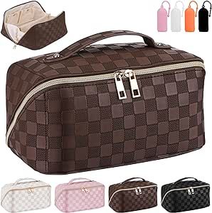 Checkered Makeup Bag,Travel Makeup Bag,Large Capacity Cosmetic Bags for Women,Portable Leather PU Waterproof Pouch Open Flat Toiletry Bag with Divider and Handle 4 Silicone Leak Proof Sleeves,Brown