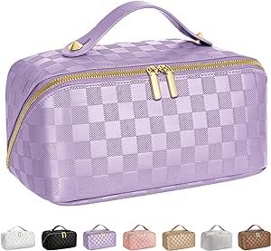 ALEXTINA Large Capacity Travel Cosmetic Bag - Portable Makeup Bags for Women Waterproof PU Leather Checkered Organizer Bag with Dividers and Handle,Toiletry Bag, Purple
