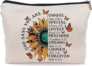 Ayxvt Christian Bible Scripture God Says You are Positive Affirmations Sunflower Butterfly Cosmetic Bag Decorative Women's Makeup Bag Zipper Pouch Travel Toiletry,Christian Gifts for Women Faith