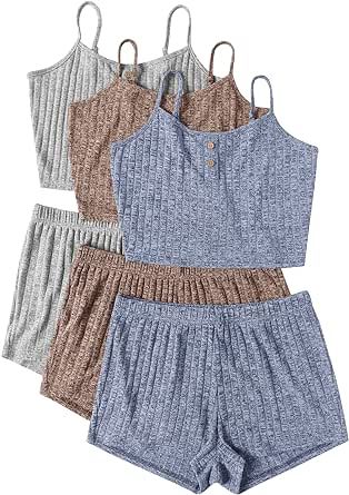Ekouaer 3 Sets for Women Ribbed Pajamas Crop Cami Top and Shorts Pjs Casual Sleeveless Button Lounge Set Sleepwear S-XL