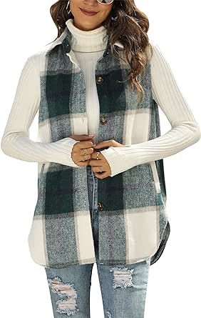 UANEO Womens Fall Flannel Plaid Vest Button Down Sleeveless Shirt Jacket With Pockets