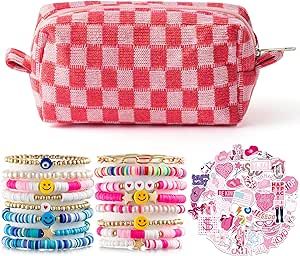 LieToi 67Pcs Checkered Cosmetic Bag Set Pink Knitted Toiletry Makeup Bag Preppy Heishi Surfer Bracelets Stackable Disc Layering Bracelets Aesthetic Preppy Style Stickers Decals Gifts for Women Girls