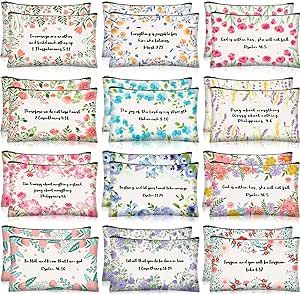 BESARME 12Pcs in 12 Styles Inspirational Bible Makeup Pouch, Christian Gifts for Women Motivational Cosmetic Bags Bulk Toiletry Bag with Zipper Gift for Mother Sister Friend Bestie Coworkers