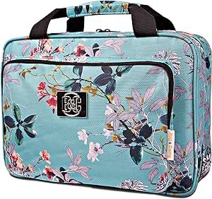 Large Hanging Travel Cosmetic Bag For Women - Travel Toiletry And Cosmetic Makeup Bag With Many Pockets (Turquoise flowers)