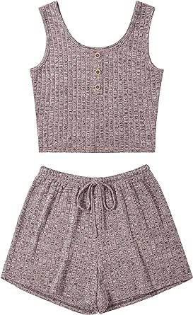 PrinStory Women's Pajama Set Button Front Ribbed Lounge Set Sleeveless Tank Top and Shorts Sleepwear Pjs
