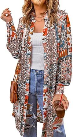 Dokotoo Womens 2023 Summer Kimono Cardigans Floral Boho Beach Cover Up Button-Down Long Sleeve Shirt Blouses