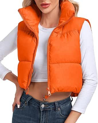 Cityork Puffer Vest Women Stand Collar Zipper Cropped Vest Lightweight Sleeveless Warm Padded Gilet Coat
